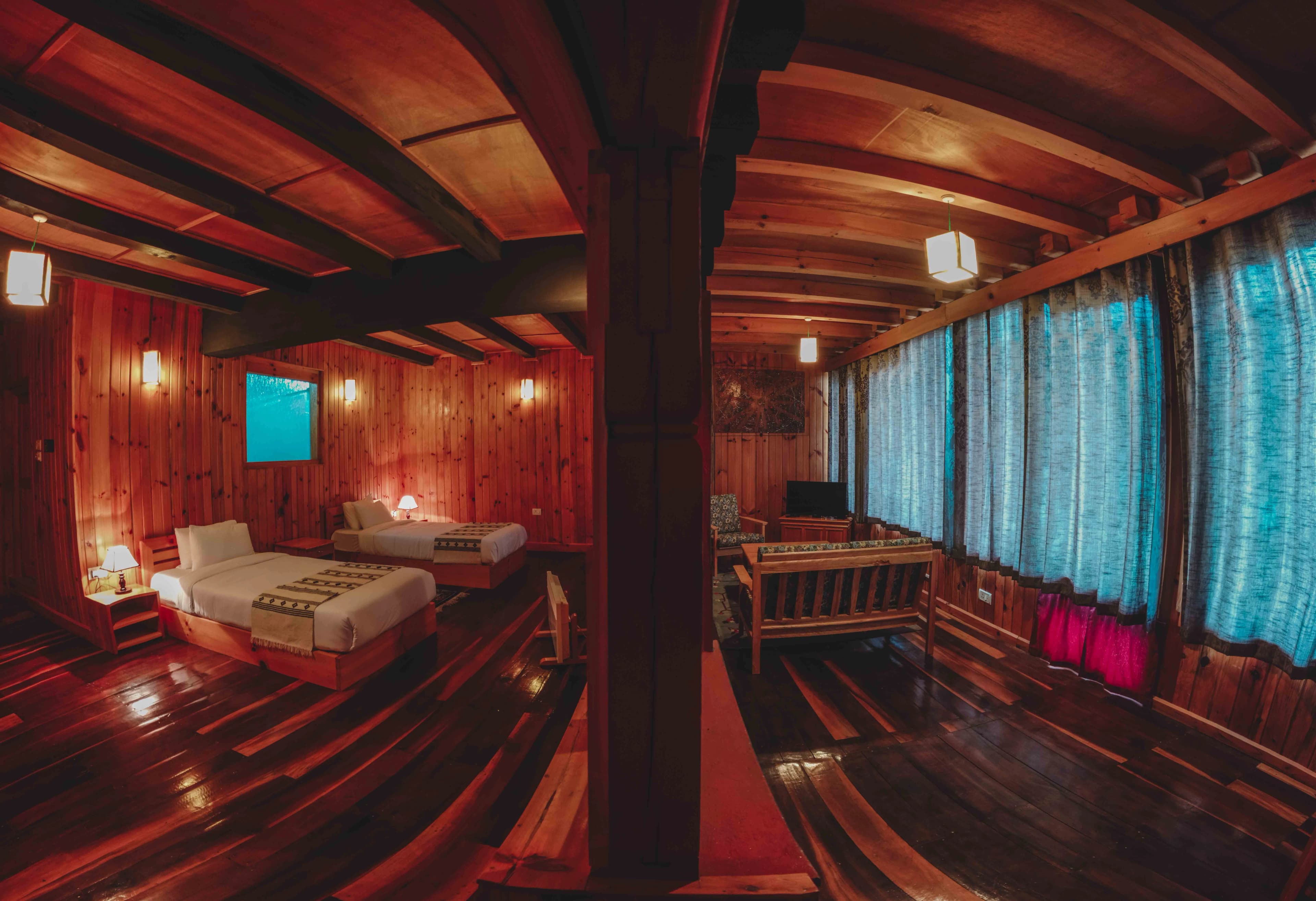 A fish eye shot of the twin suite at Dekyil
