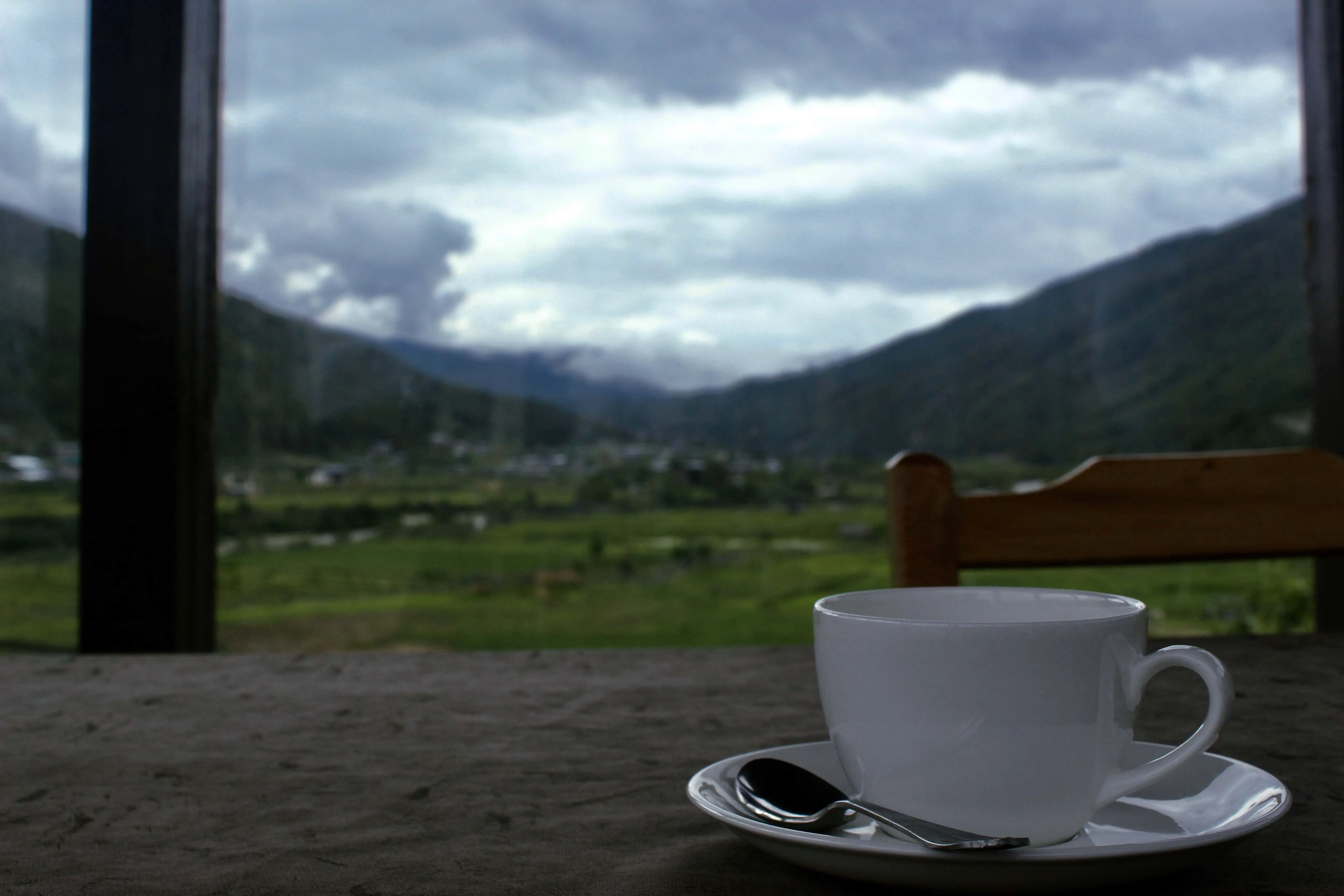 View of paddy fields from dekyil guest house with tea cups in the foreground