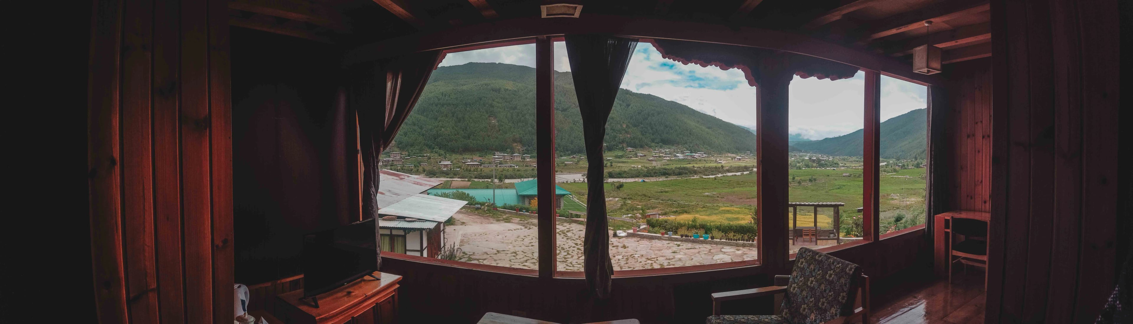 Shot of the Chamkhar valley from the lounge area in Room 202