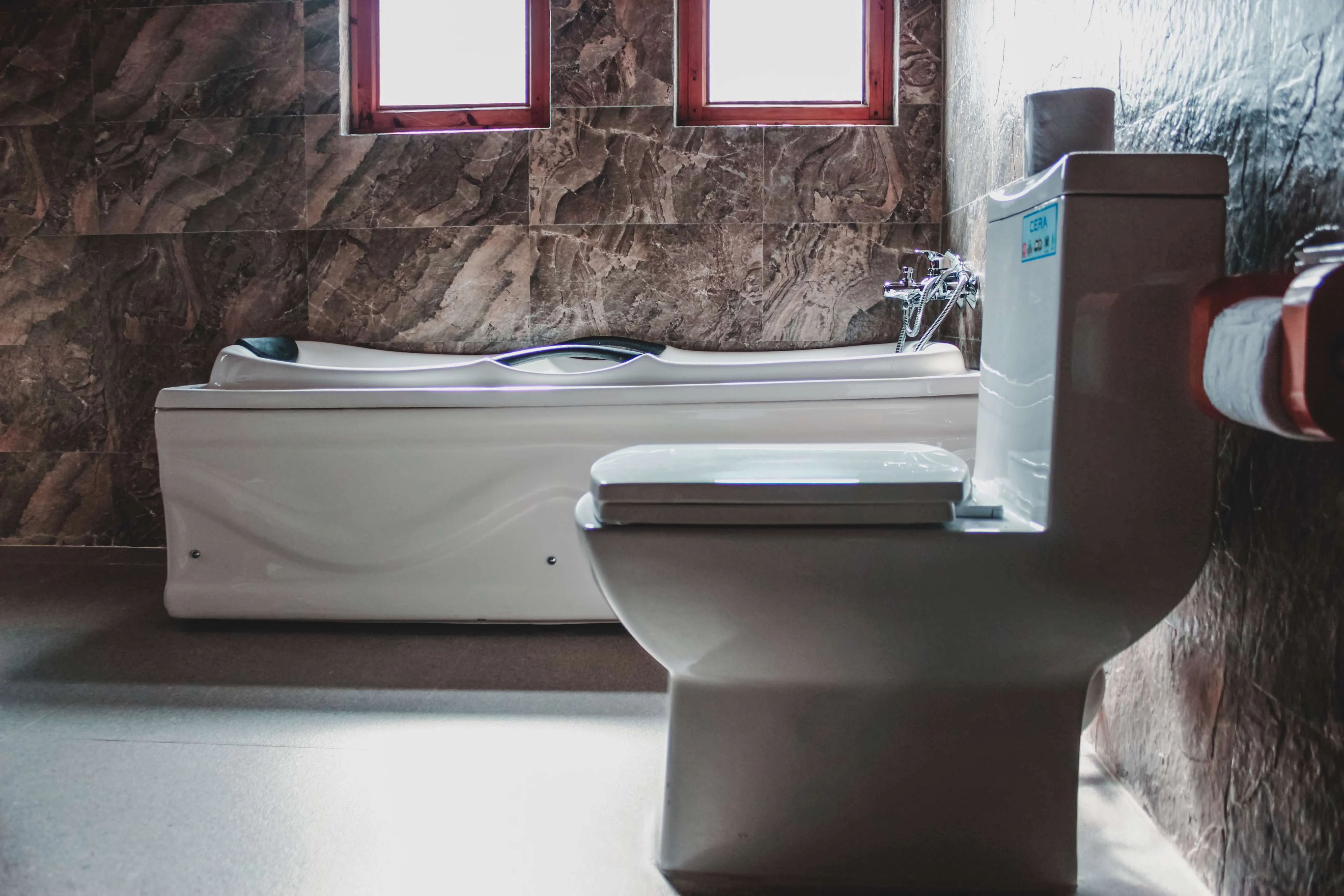A shot of the bathtub and toilet pot